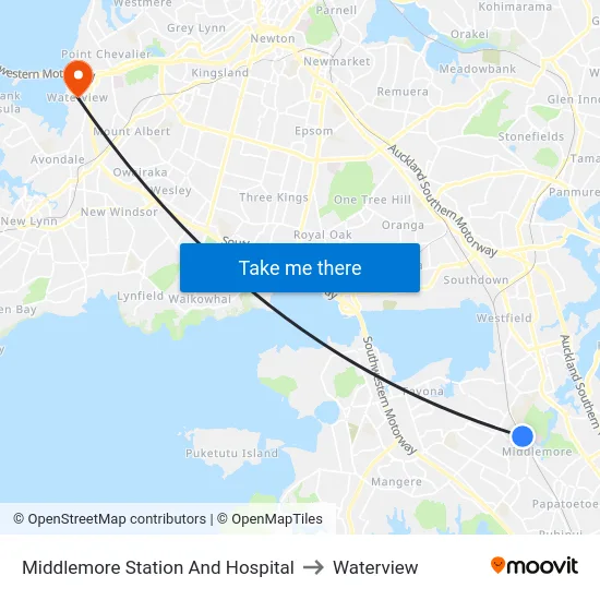 Middlemore Station And Hospital to Waterview map