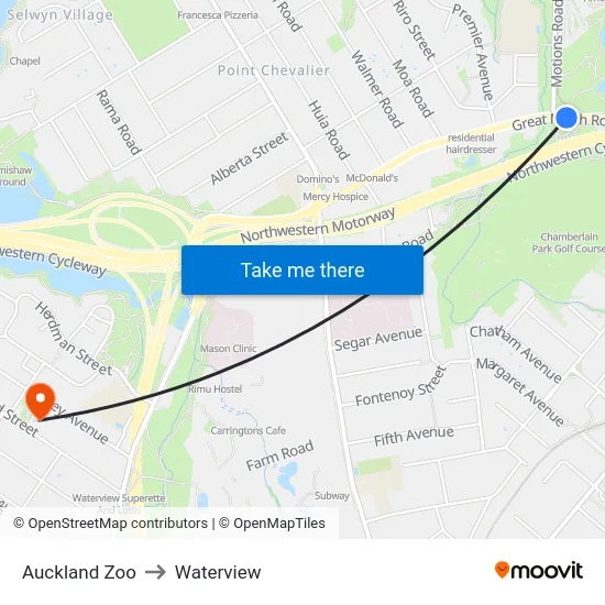 Auckland Zoo to Waterview map