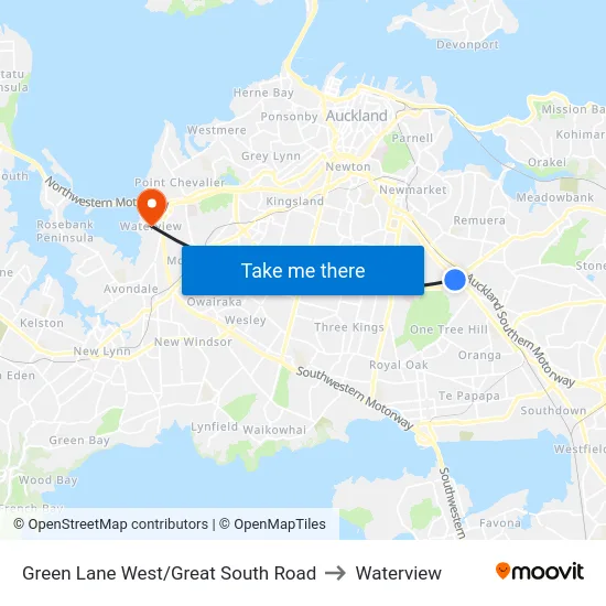 Green Lane West/Great South Road to Waterview map