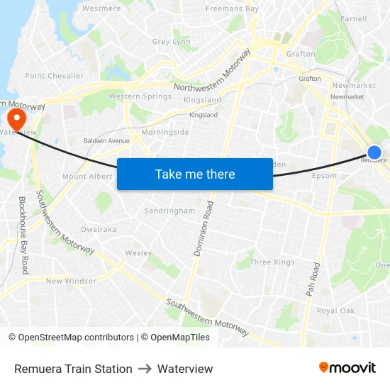 Remuera Train Station to Waterview map