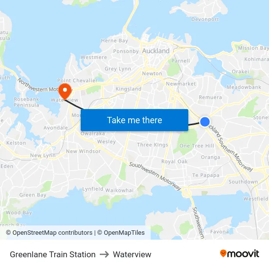 Greenlane Train Station to Waterview map