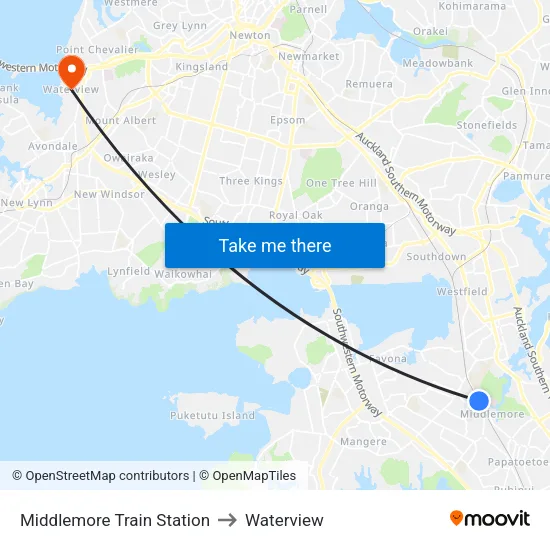 Middlemore Train Station to Waterview map