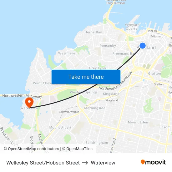Wellesley Street/Hobson Street to Waterview map