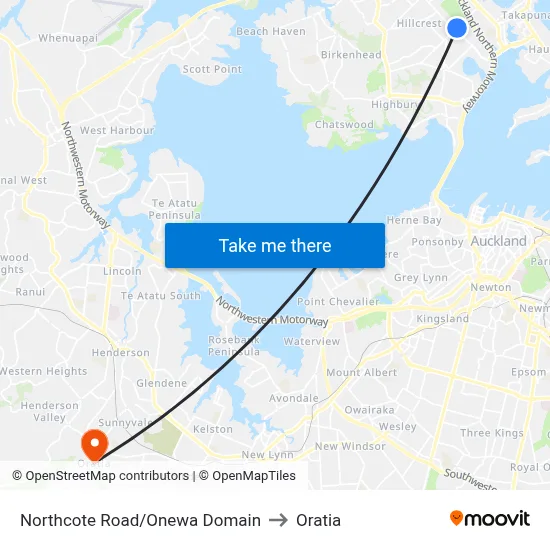Northcote Road/Onewa Domain to Oratia map