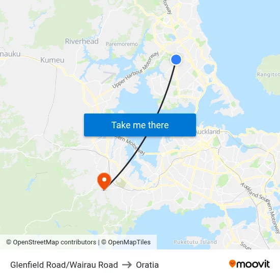Glenfield Road/Wairau Road to Oratia map