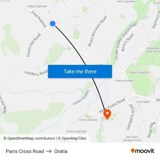 Parrs Cross Road to Oratia map