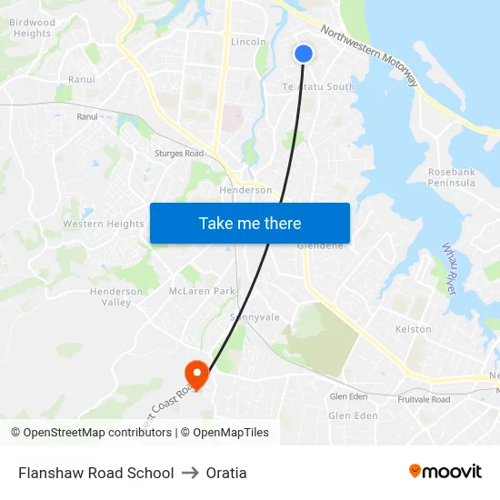 Flanshaw Road School to Oratia map
