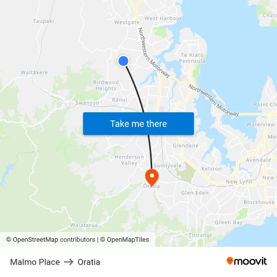 Malmo Place to Oratia map