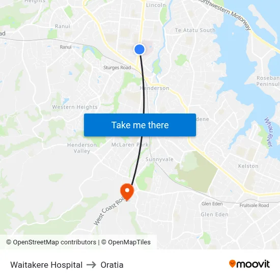 Waitakere Hospital to Oratia map
