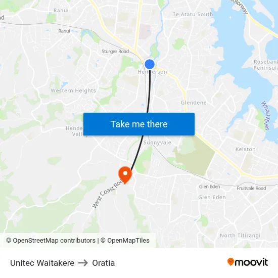 Unitec Waitakere to Oratia map