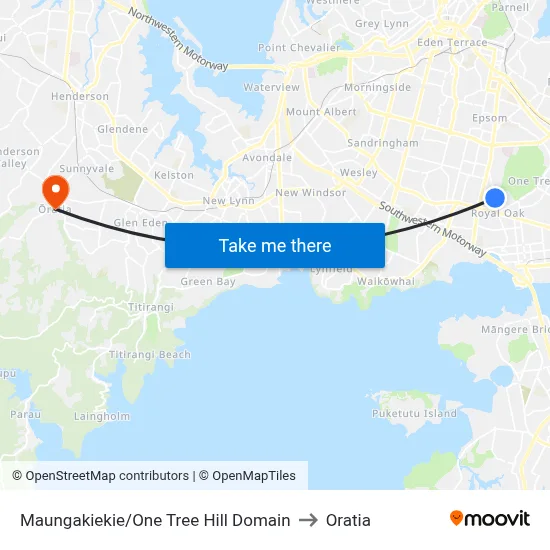 Maungakiekie/One Tree Hill Domain to Oratia map