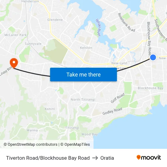 Tiverton Road/Blockhouse Bay Road to Oratia map