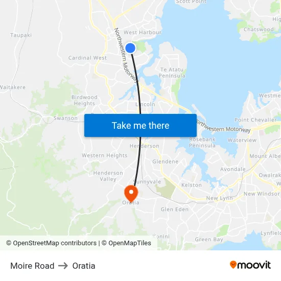 Moire Road to Oratia map