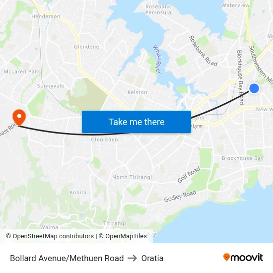 Bollard Avenue/Methuen Road to Oratia map