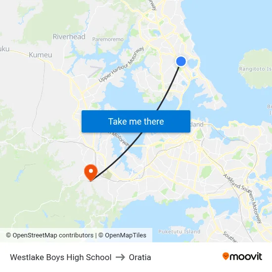 Westlake Boys High School to Oratia map