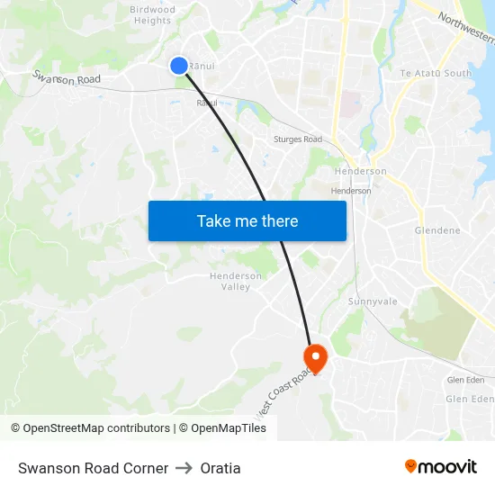 Swanson Road Corner to Oratia map