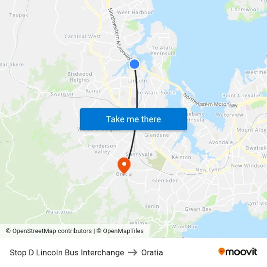 Stop D Lincoln Bus Interchange to Oratia map