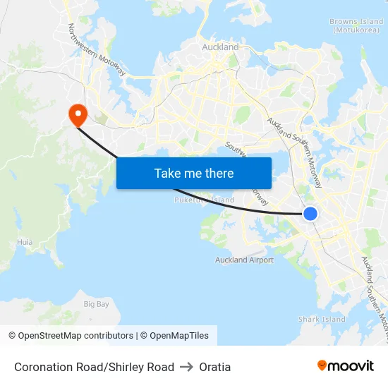 Coronation Road/Shirley Road to Oratia map