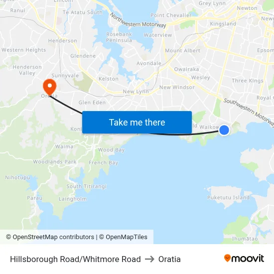 Hillsborough Road/Whitmore Road to Oratia map