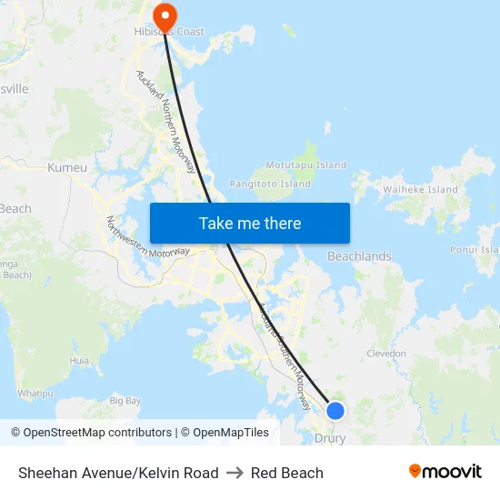 Sheehan Avenue/Kelvin Road to Red Beach map
