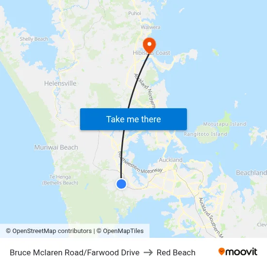 Bruce Mclaren Road/Farwood Drive to Red Beach map