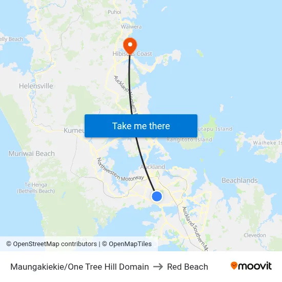 Maungakiekie/One Tree Hill Domain to Red Beach map