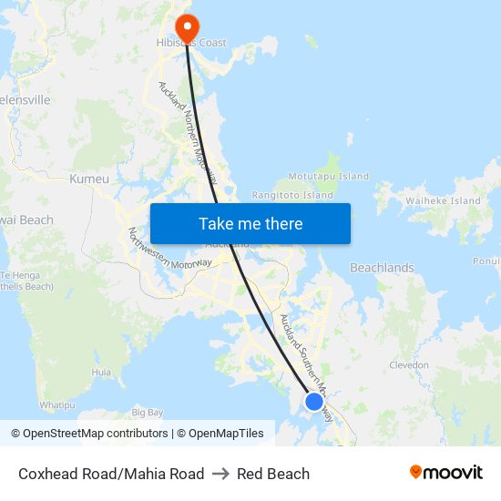 Coxhead Road/Mahia Road to Red Beach map