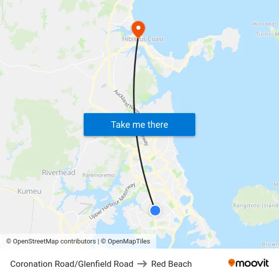 Coronation Road/Glenfield Road to Red Beach map