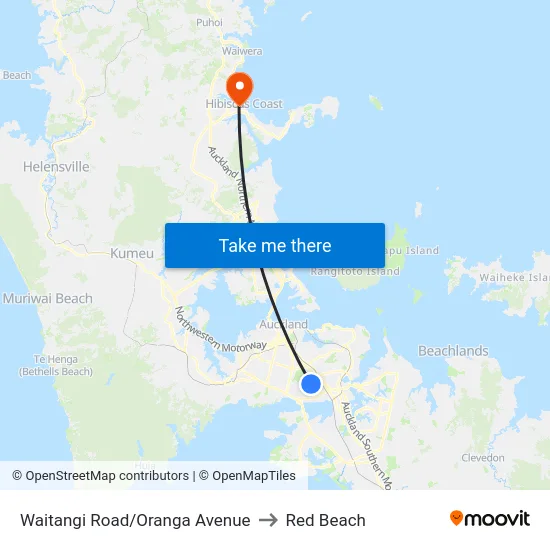Waitangi Road/Oranga Avenue to Red Beach map