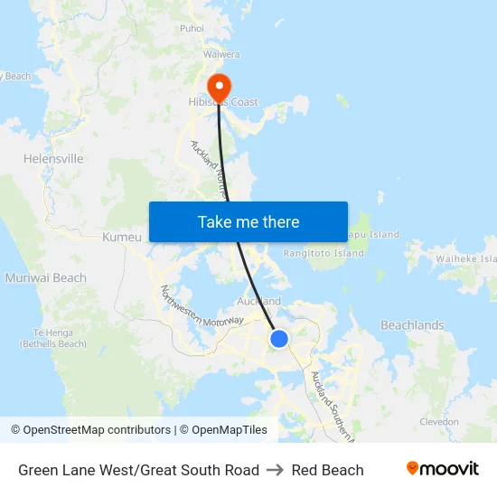 Green Lane West/Great South Road to Red Beach map