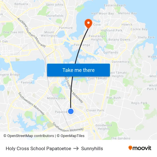 Holy Cross School Papatoetoe to Sunnyhills map