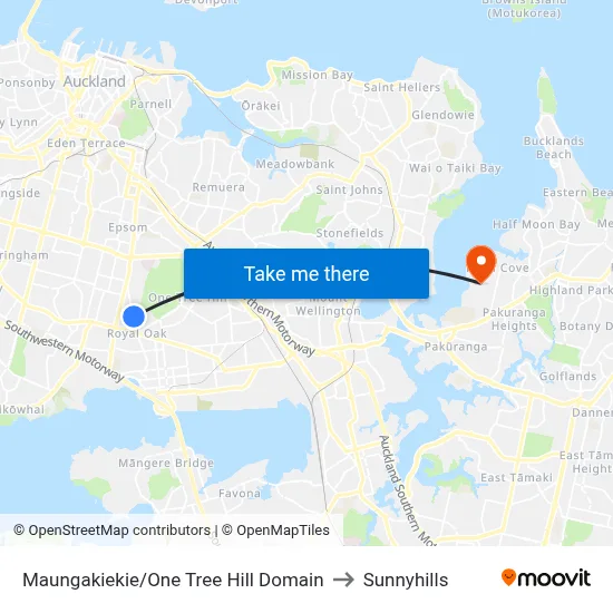 Maungakiekie/One Tree Hill Domain to Sunnyhills map