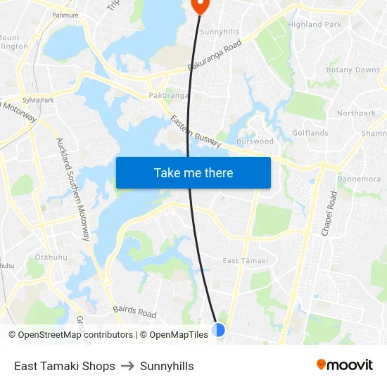East Tamaki Shops to Sunnyhills map