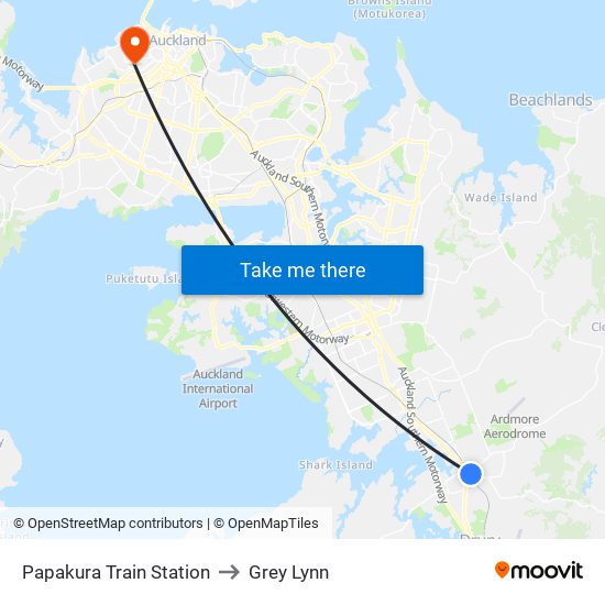 Papakura Train Station to Grey Lynn map