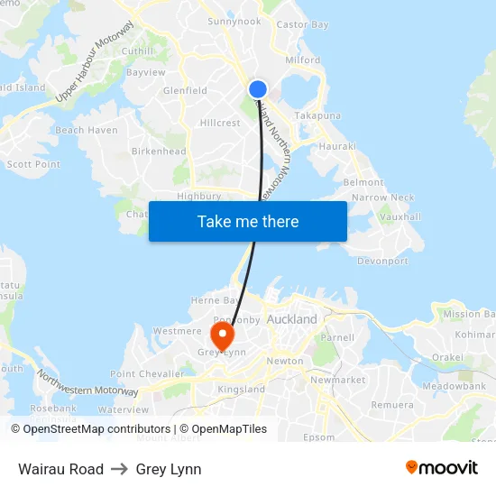 Wairau Road to Grey Lynn map