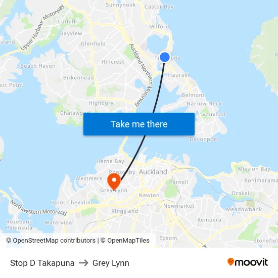 Stop D Takapuna to Grey Lynn map