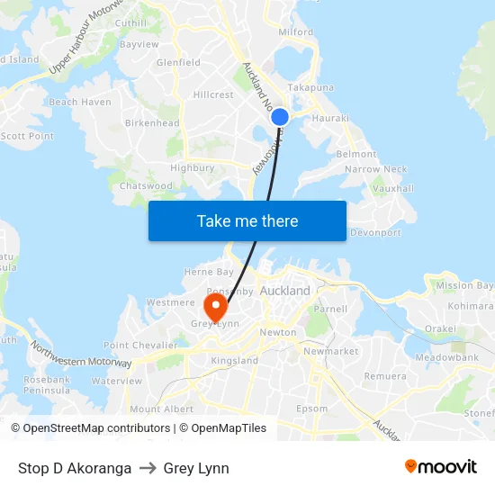 Stop D Akoranga to Grey Lynn map