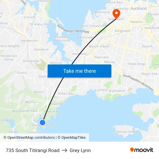 735 South Titirangi Road to Grey Lynn map
