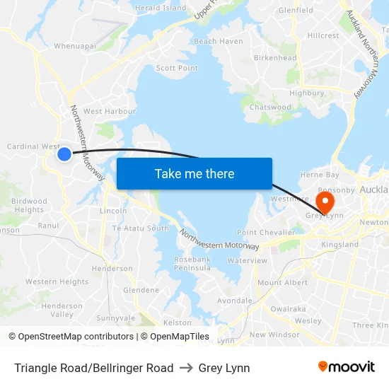 Triangle Road/Bellringer Road to Grey Lynn map