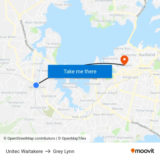 Unitec Waitakere to Grey Lynn map