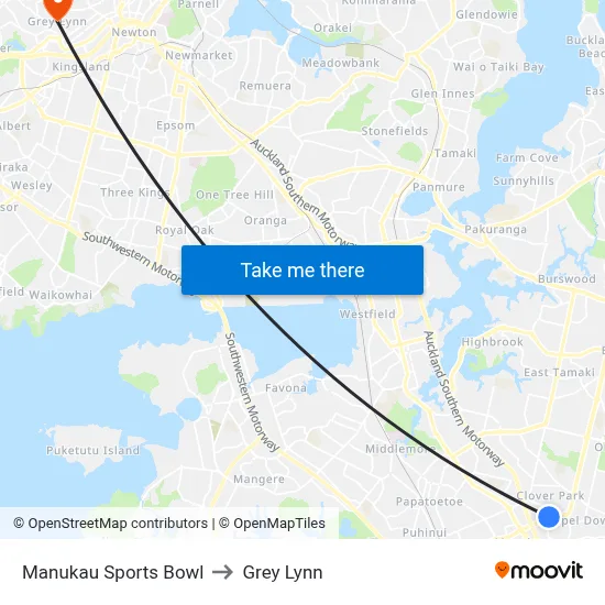 Manukau Sports Bowl to Grey Lynn map