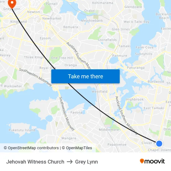 Jehovah Witness Church to Grey Lynn map