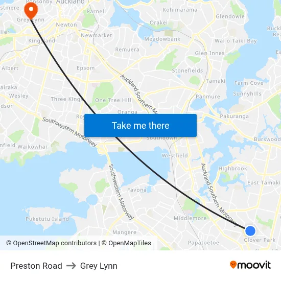Preston Road to Grey Lynn map