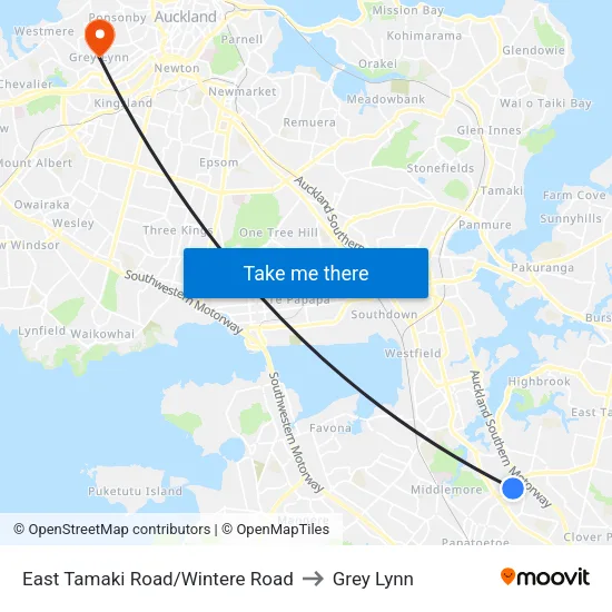 East Tamaki Road/Wintere Road to Grey Lynn map