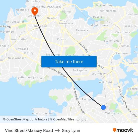 Vine Street/Massey Road to Grey Lynn map