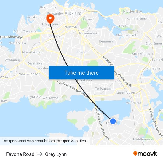 Favona Road to Grey Lynn map