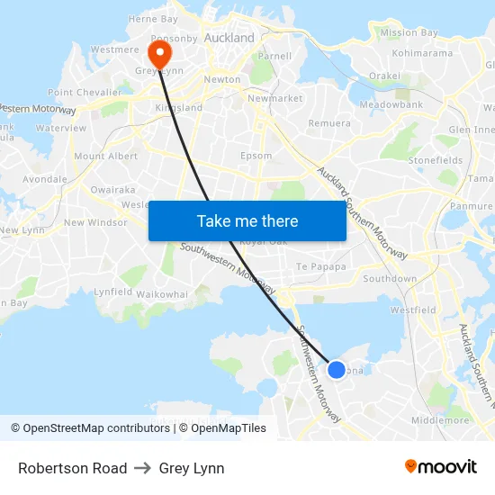 Robertson Road to Grey Lynn map