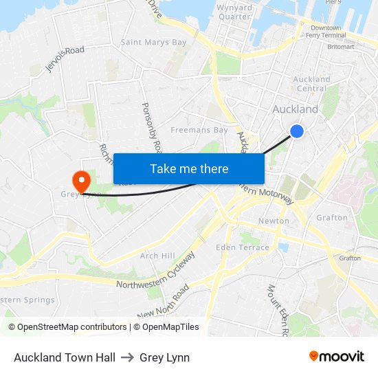 Auckland Town Hall to Grey Lynn map