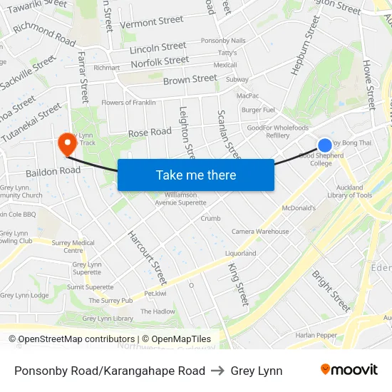 Ponsonby Road/Karangahape Road to Grey Lynn map