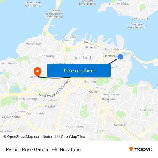 Parnell Rose Garden to Grey Lynn map